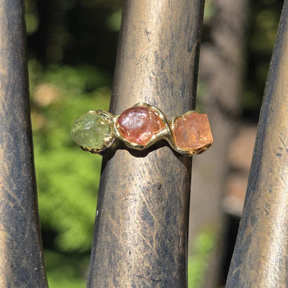 Tourmaline Natural Tri-color Gemstone Sterling & Gold Ring Sz7 - Picture 3 of 8